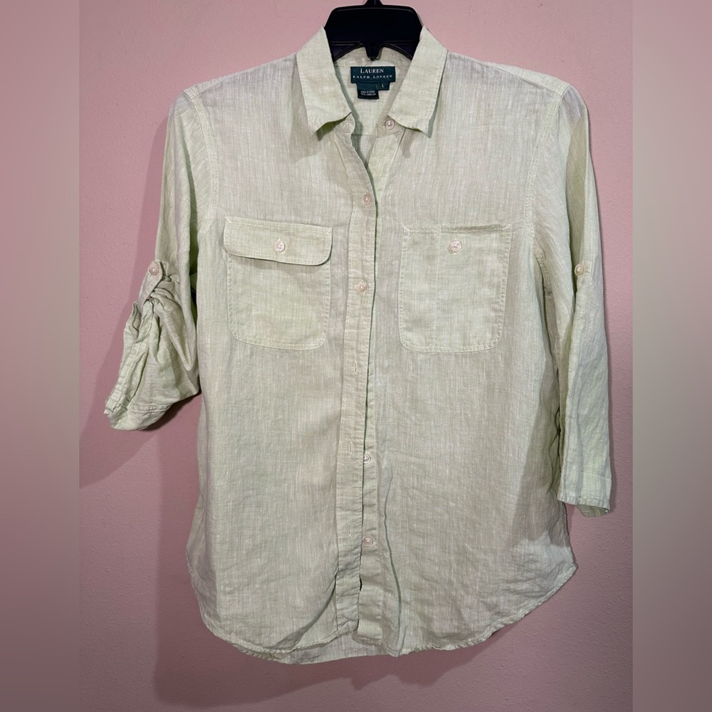 Lauren Ralph Lauren Light Green Blouse Large 100% Linen (W)